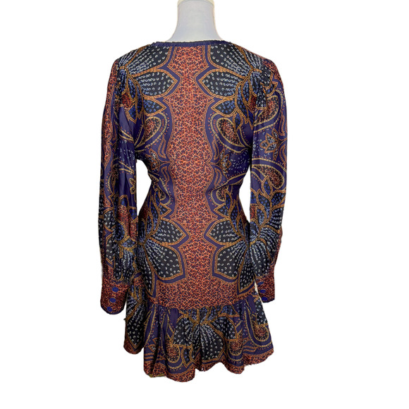 FARM RIO Floral Glam Mini Dress NWT Small Blue Paisley Boho Long Sleeve Deep V - Picture 6 of 11